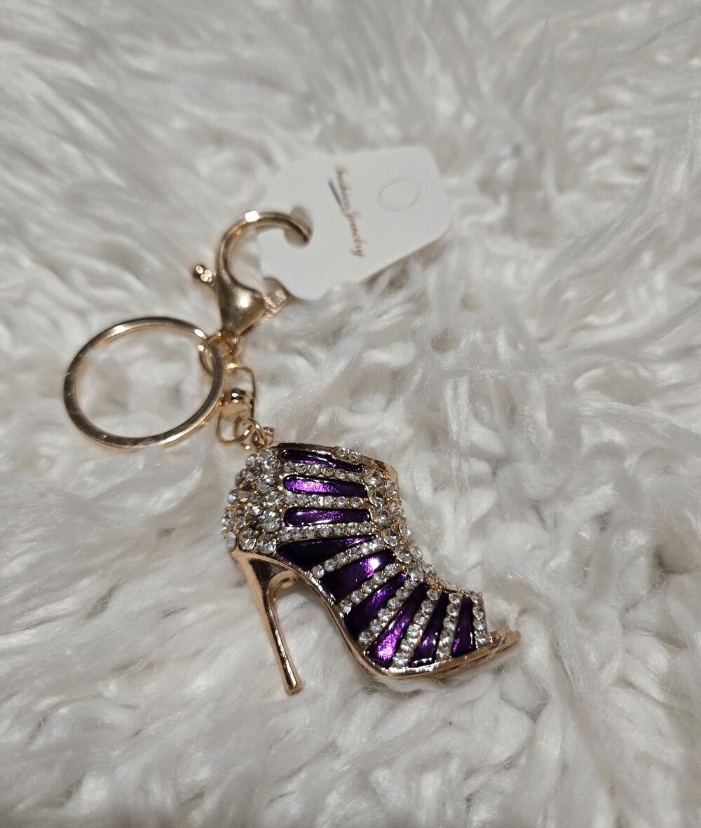 Bling Rhinestone High Heel Keychain Charm Stiletto Shoe Black Red Or Purple New - Picture 3 of 6